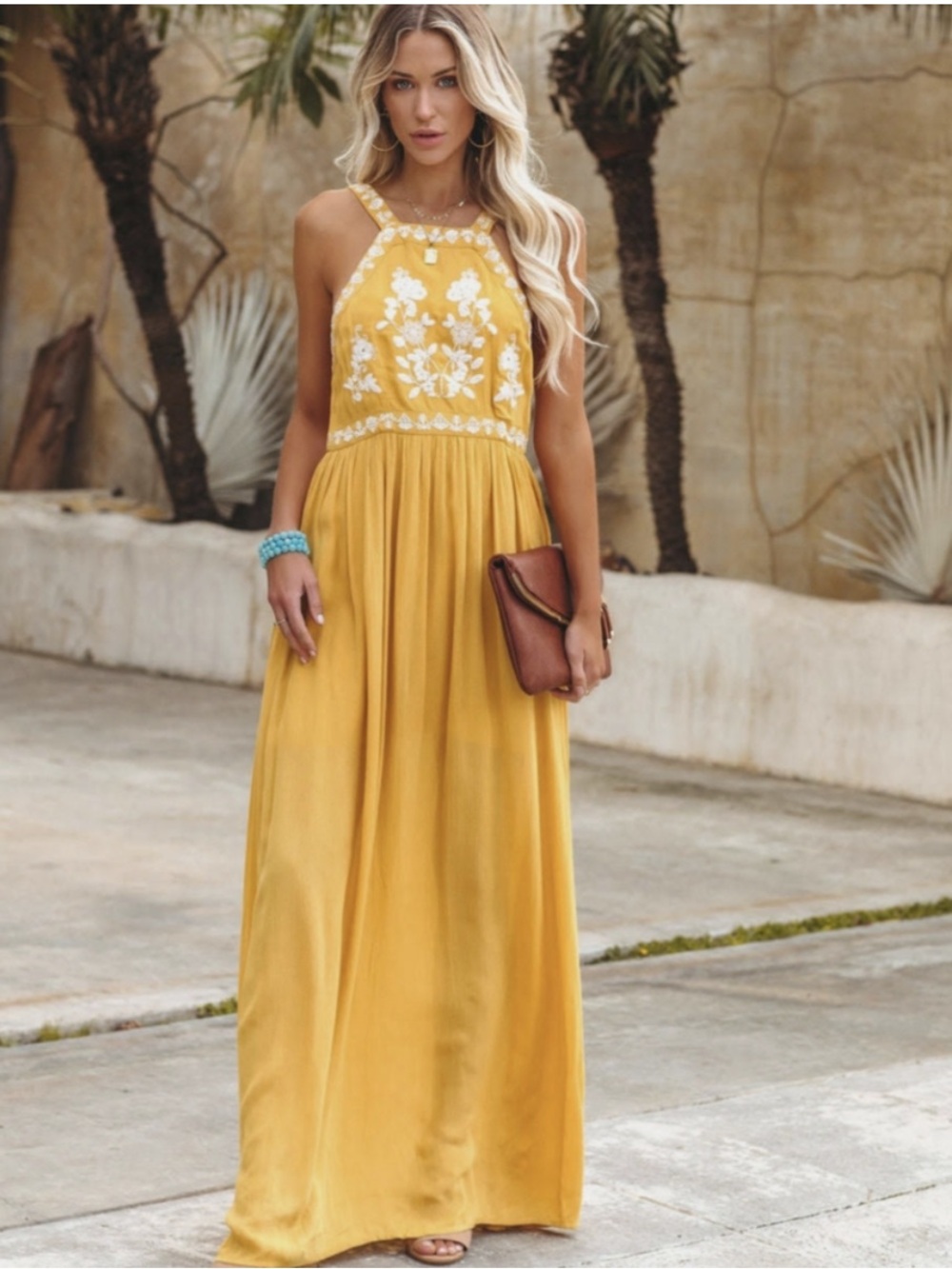 NWT En Creme Club Tropicana Halter Maxi Dress with White Floral Embroidery